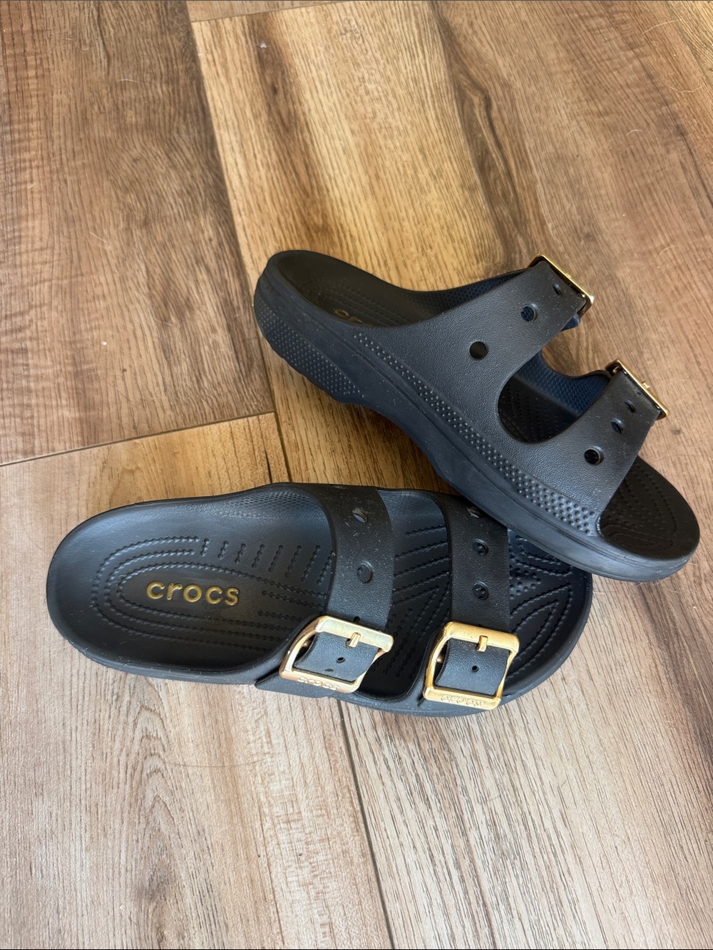CROCS Black Slides with Gold Buckles - Picture 2 of 4